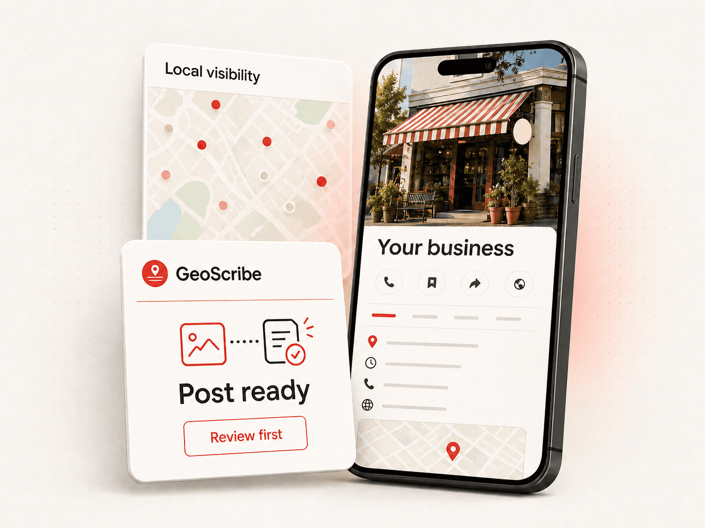 A business profile, a prepared post awaiting review and a local visibility map, shown working together