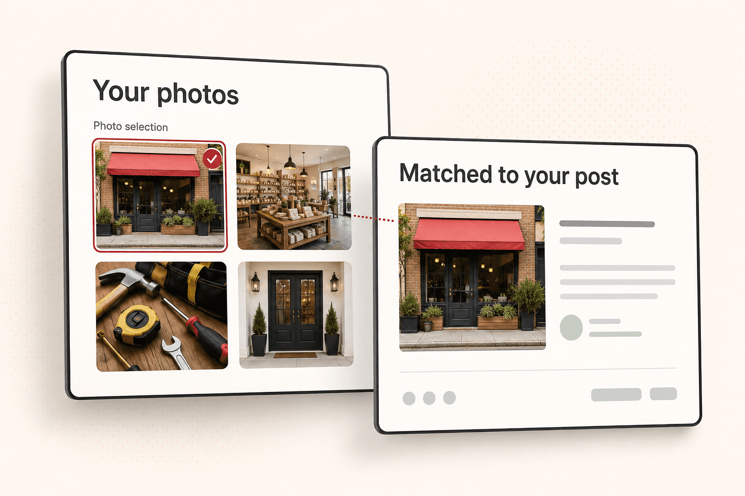 Choosing an owned business photo and seeing it matched to a prepared post